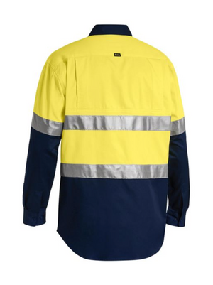 The Bisley Taped Hi Vis Cool Lightweight Shirt is a cotton mesh, high-visibility work shirt featuring a yellow top half and navy blue bottom half for optimal ventilation. It includes two reflective silver bands around the torso and one around each arm. The button-up front is not visible from this rear view.