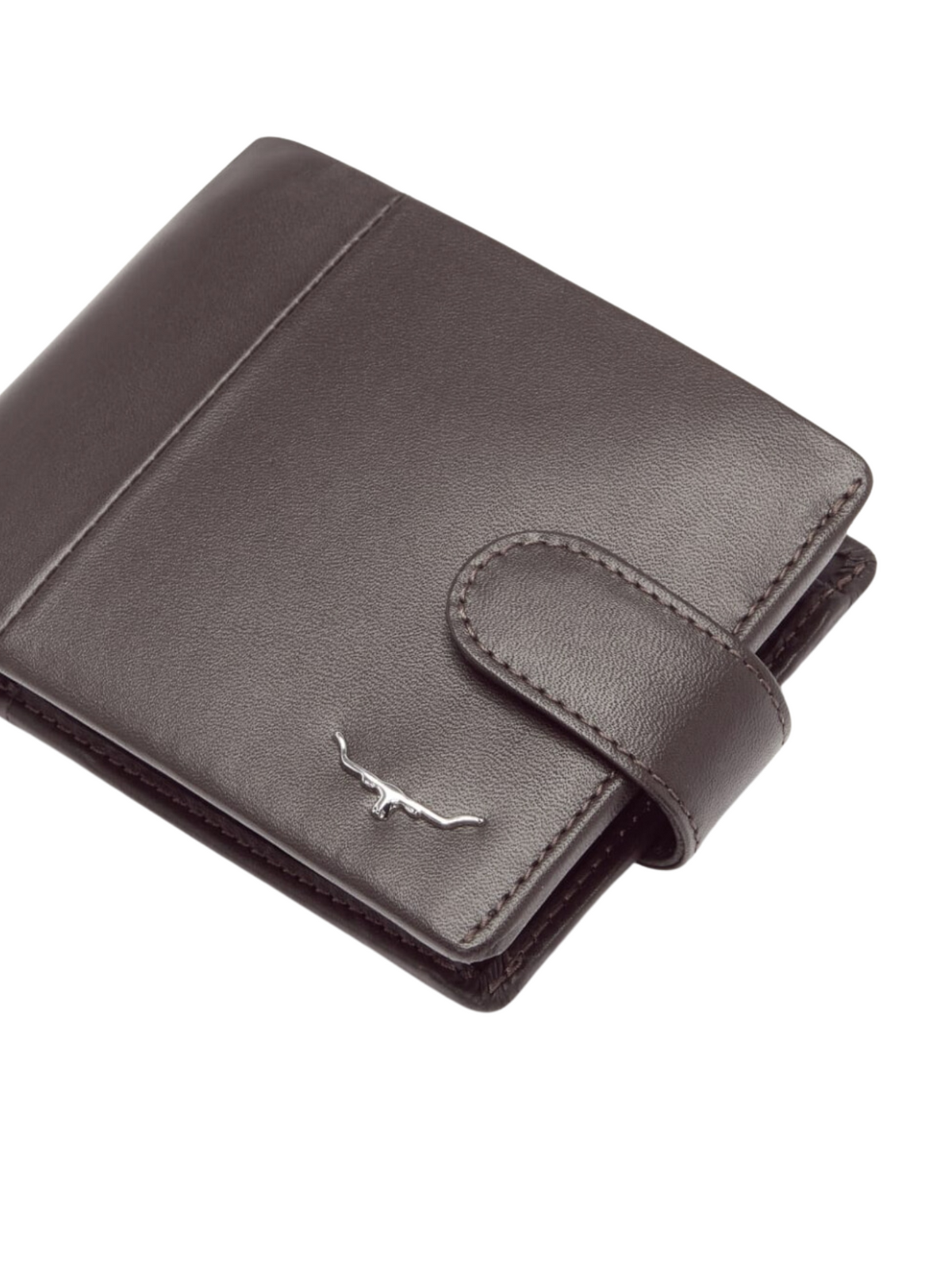 The RM Williams Wallet with Coin Pocket and Tab is a brown Yearling leather wallet, featuring a silver logo on the front and Nickel Longhorn embellishment. It has a fold-over flap with a secure snap closure.