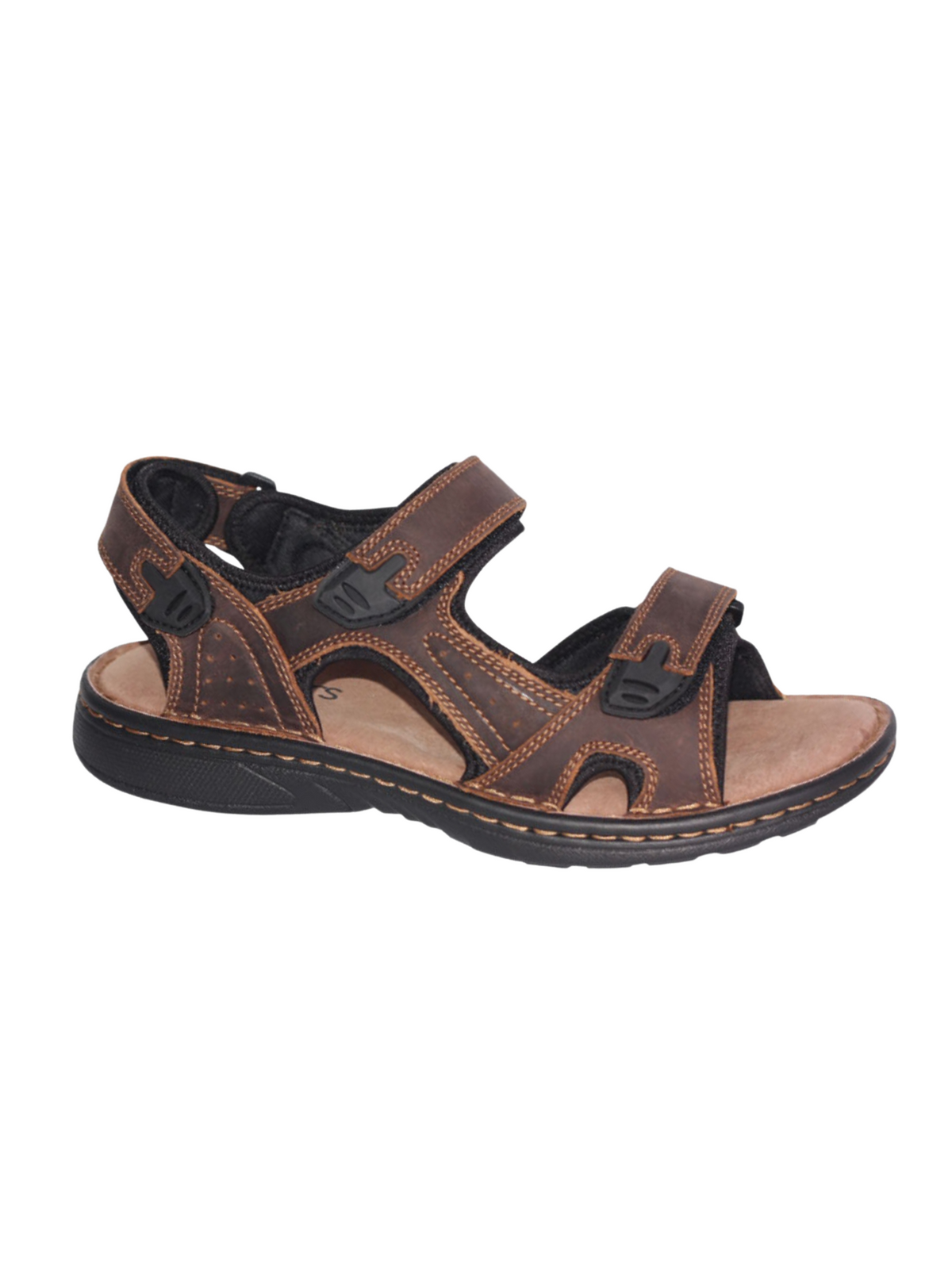 The Slatters Kingsmen is a brown open-toe sandal with adjustable Velcro straps, black stitching, lightweight leather upper, cushioned sole, and rugged design. Shown on a white background.