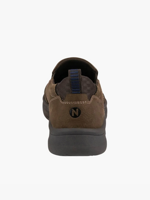 Rear view of the Florsheim Mac Mocc Slip On, a brown sustainable shoe with a dark gray sole, blue pull tab, and circular "N" logo on the heel.