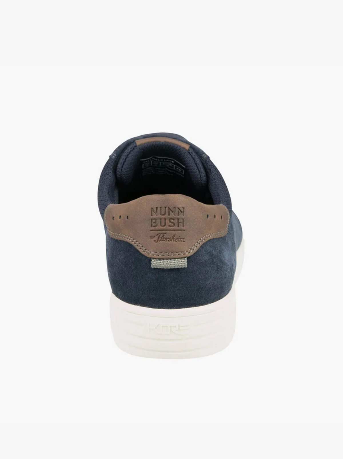 Rear view of a navy blue and brown Florsheim City Walk Lace Sneaker with a white sole. The heel showcases the "Florsheim" logo, a comfort gel pod, and "Flexsole" embossed on a brown leather patch.
