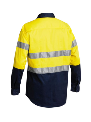 The Bisley Taped Hi Vis Closed Front Drill Shirt features long sleeves, a yellow top, navy lower section, and two horizontal reflective silver stripes across the back and arms.