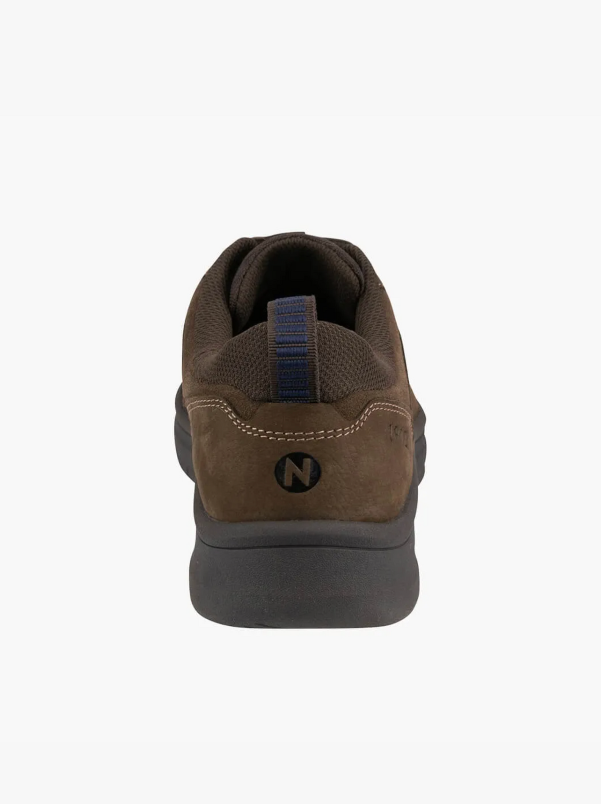 Rear view of the Florsheim Mac Mocc Ox Lace, a brown casual shoe with a black sole featuring KORE technology for added comfort. A blue pull tab adorns the heel next to an "N" logo. The shoe is displayed on a white background, highlighting its sleek design.