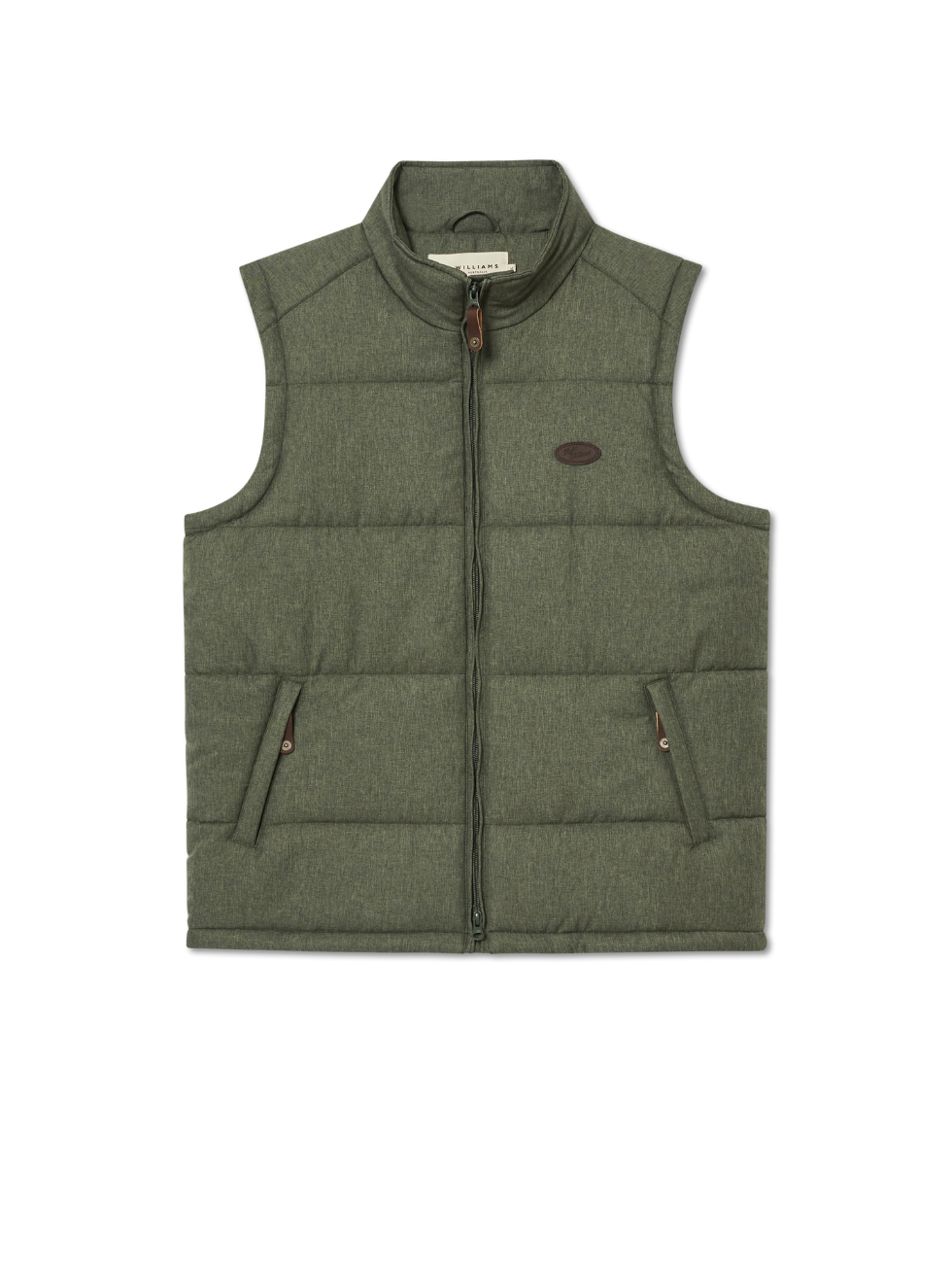 The RM Williams Patterson Creek Vest is a sleeveless, olive green quilted puffer with front zipper, two side pockets with button closures, stand-up collar, oval chest logo, and textured fabric. Water and winter resistant.