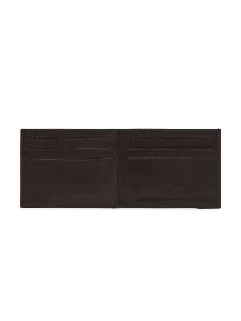 The RM Williams Singleton Bi-fold Wallet, crafted in open dark brown calf leather, features multiple card slots on both sides and is shown from above against a white background.