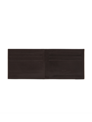 The RM Williams Singleton Bi-fold Wallet, crafted in open dark brown calf leather, features multiple card slots on both sides and is shown from above against a white background.
