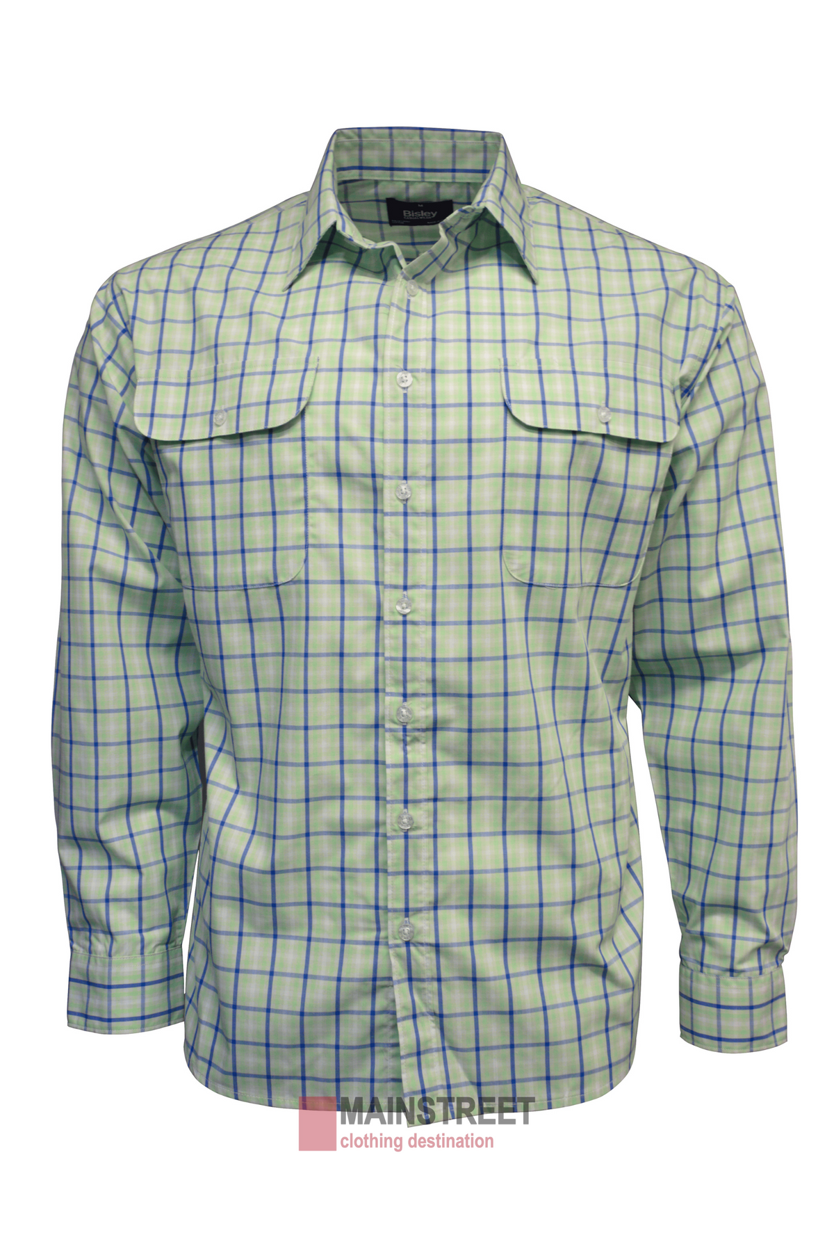 The Bisley Countryman Shirt is a light green, blue, and white plaid long-sleeve button-up made from a durable Polyester/Cotton blend. It features two chest pockets and a collar, shown against a plain white background.