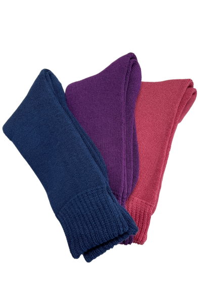 Displayed in the image are three folded Bamboo 3 Yarn Work Socks: one in navy blue, one in purple, and one in pink. The socks have a simple, plain design with ribbed ends and are laid out overlapping each other. Made from anti-bacterial fabric, they offer an added layer of comfort and hygiene.