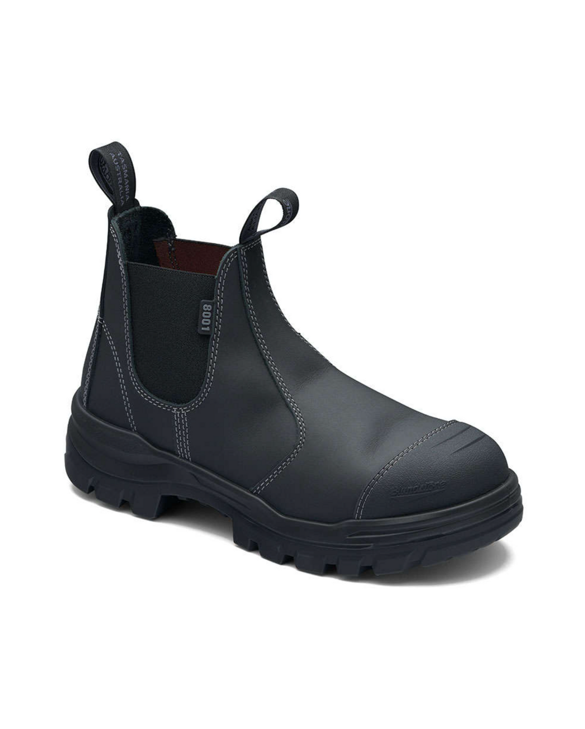 The Blundstone RotoFlex 8001 is a black work boot with a steel toe cap, elastic side panels, and front and back pull tabs. It features a thick, rugged sole designed for durability and impact absorption.
