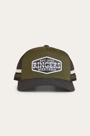 The Ringers Western Banks Trucker Cap features olive green and black cotton twill, white mesh side stripes, a front patch reading "EST. 2012 RINGERS WESTERN," and an adjustable snapback closure.