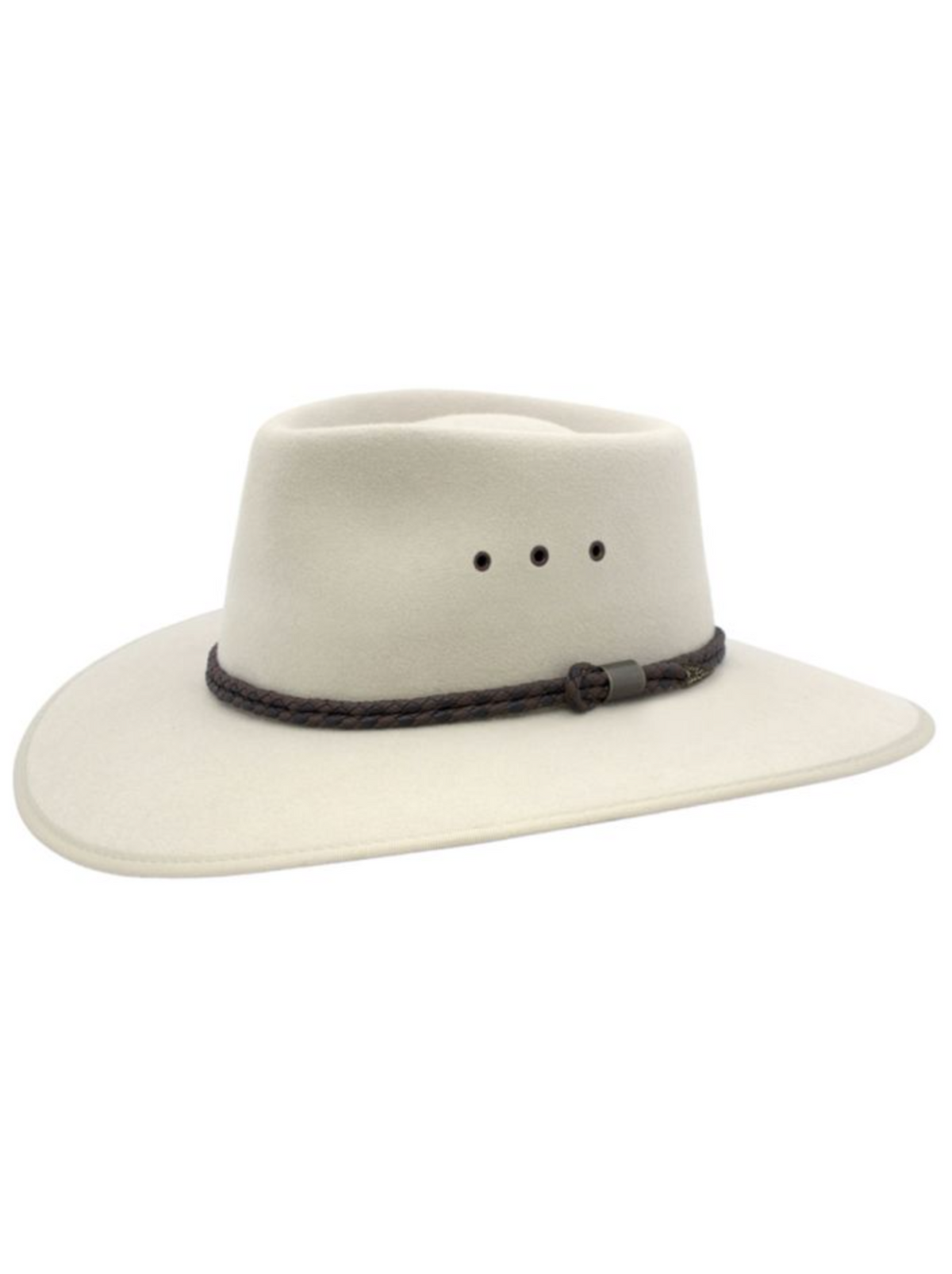 The Statesman Countryman Fur Felt Hat is light beige with an Australian crown, wide flat brim, three side ventilation holes, a dark braided band, and a comfortable leather sweatband.