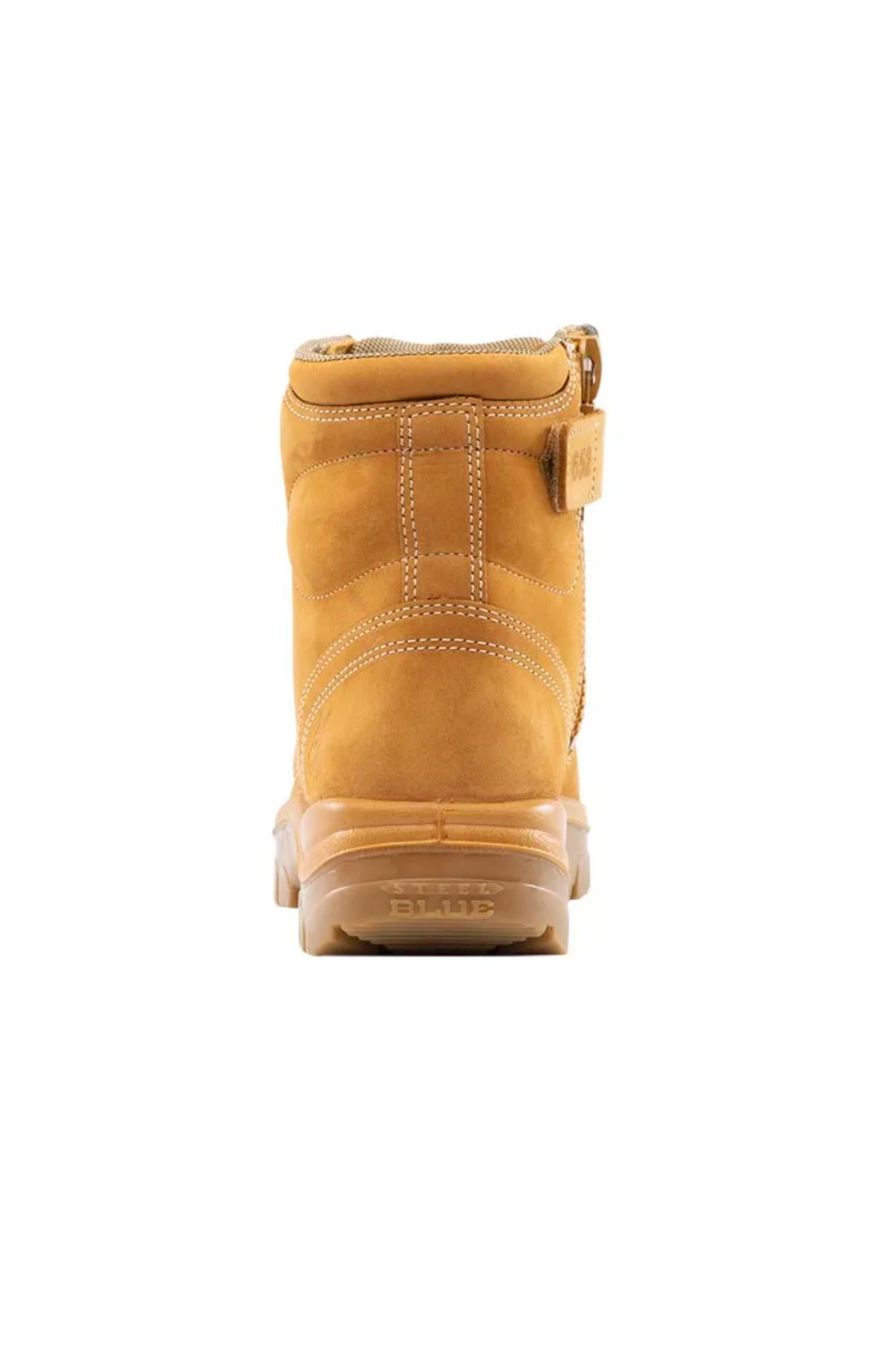 A tan suede Steel Blue Argyle Zip Scuff Cap Boot shown from the back, featuring visible stitching details and a pull tab at the top. The boot, made from water-resistant leather, has a thick, rugged sole designed for durability.