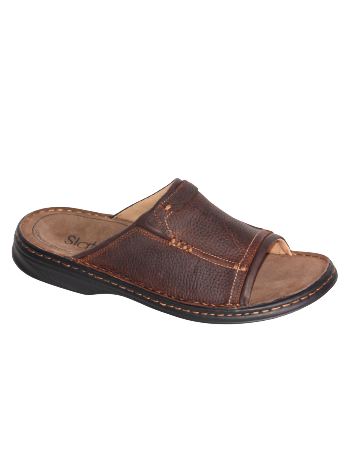 The Slatters Tonga is a brown leather men's slide sandal featuring an open toe, wide strap with tan stitching, cushioned insole with branding, and a dark textured sole, offering style and comfort for travel.