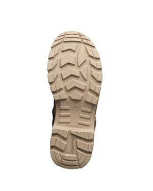 The image depicts the underside of a beige-colored Blundstone RotoFlex 8063 Zip Sided Safety Boot, showcasing its rugged tread patterns. The outsole includes various horizontal and angular grooves for enhanced traction. Near the heel area, the word "Nautilus" is imprinted, emphasizing its safety boot characteristics.