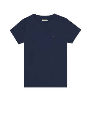 The RM Williams Piccadilly T-Shirt in navy blue has short sleeves, a small longhorn embroidery on the chest, and is made from soft cotton jersey.