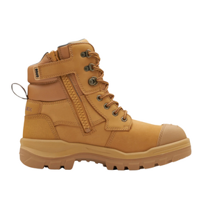 The Blundstone RotoFlex 8060 Unisex Zip Sided Safety Boot is a tan-colored, lace-up safety boot featuring a side zipper and a reinforced toe cap. It boasts a rugged, non-slip sole and extra ankle support. A convenient loop at the back ensures easy on/off functionality. The boot is water-resistant and ideal for construction or outdoor activities.