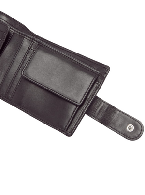 An RM Williams Wallet with Coin Pocket and Tab lies open, revealing its black Yearling leather construction adorned with a sleek Nickel Longhorn embellishment. The interior features multiple card slots, a roomy pocket, and a coin pocket with a secure flap, all secured by a snap-button closure. The wallet's elegant design is showcased against the plain white background.