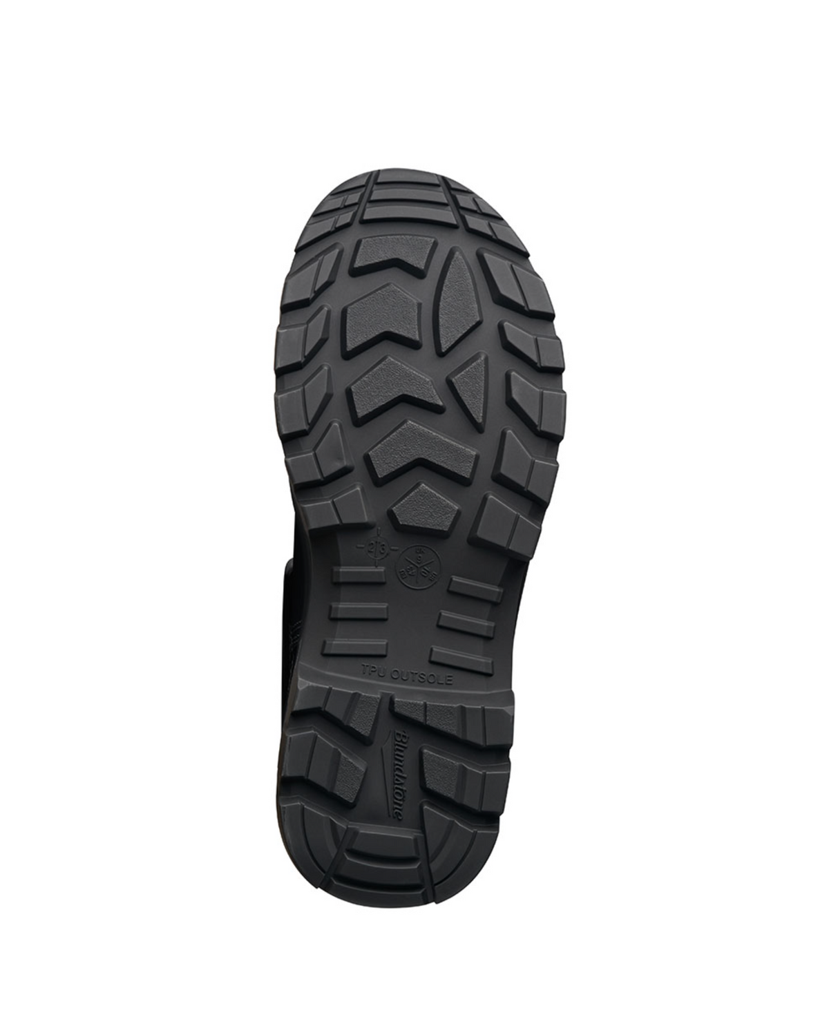 The image displays the sole of a black Blundstone RotoFlex 8001 Elastic Sided Safety Boot with a rugged tread pattern, showcasing geometric shapes and grooves for superior traction and impact absorption. The sole features text "TPU OUTSOLE" alongside circular branding elements.