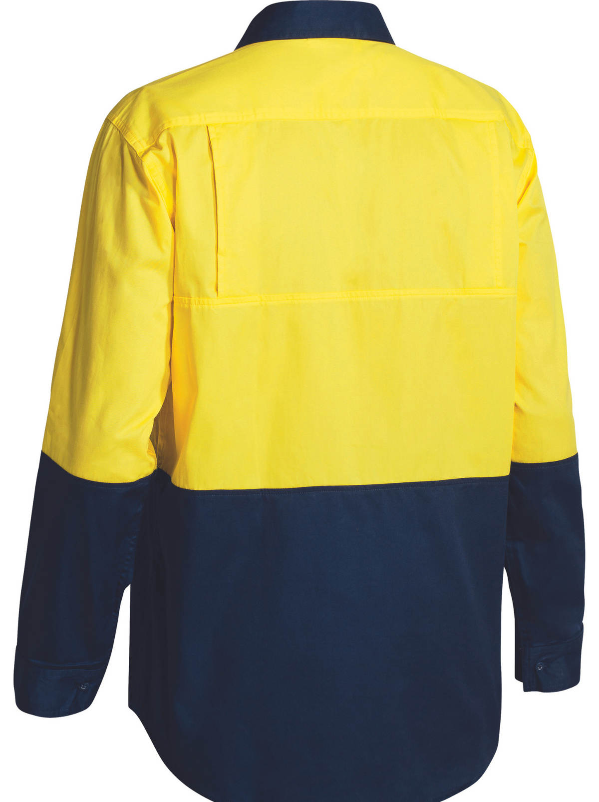 Back view of the Bisley Hi Vis Cool Lightweight Drill Shirt, showcasing a yellow top half and dark blue bottom half. Made from 100% cotton preshrunk fabric, it has a standard collar, buttoned cuffs, and ventilation for breathability and all-day comfort.