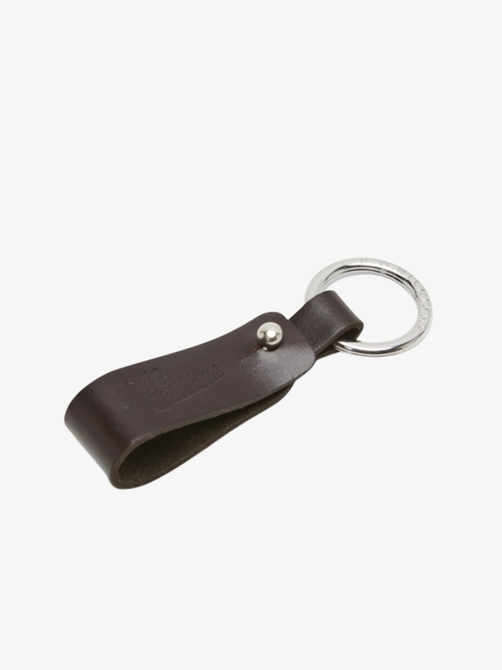 The RM Williams Pioneer Key Fob is a brown double butt leather keyring with a silver metal button, featuring subtle embossed text. Proudly Australian made, it's shown against a white background.