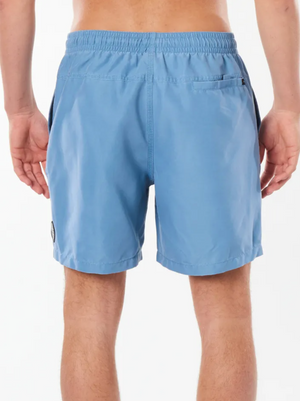A person is seen from behind in light blue Rip Curl Bondi Volley swim trunks, featuring an elastic waistband and a back pocket. The slightly loose-fitting shorts end above the knees, ideal for a beach outing. The background is plain white.