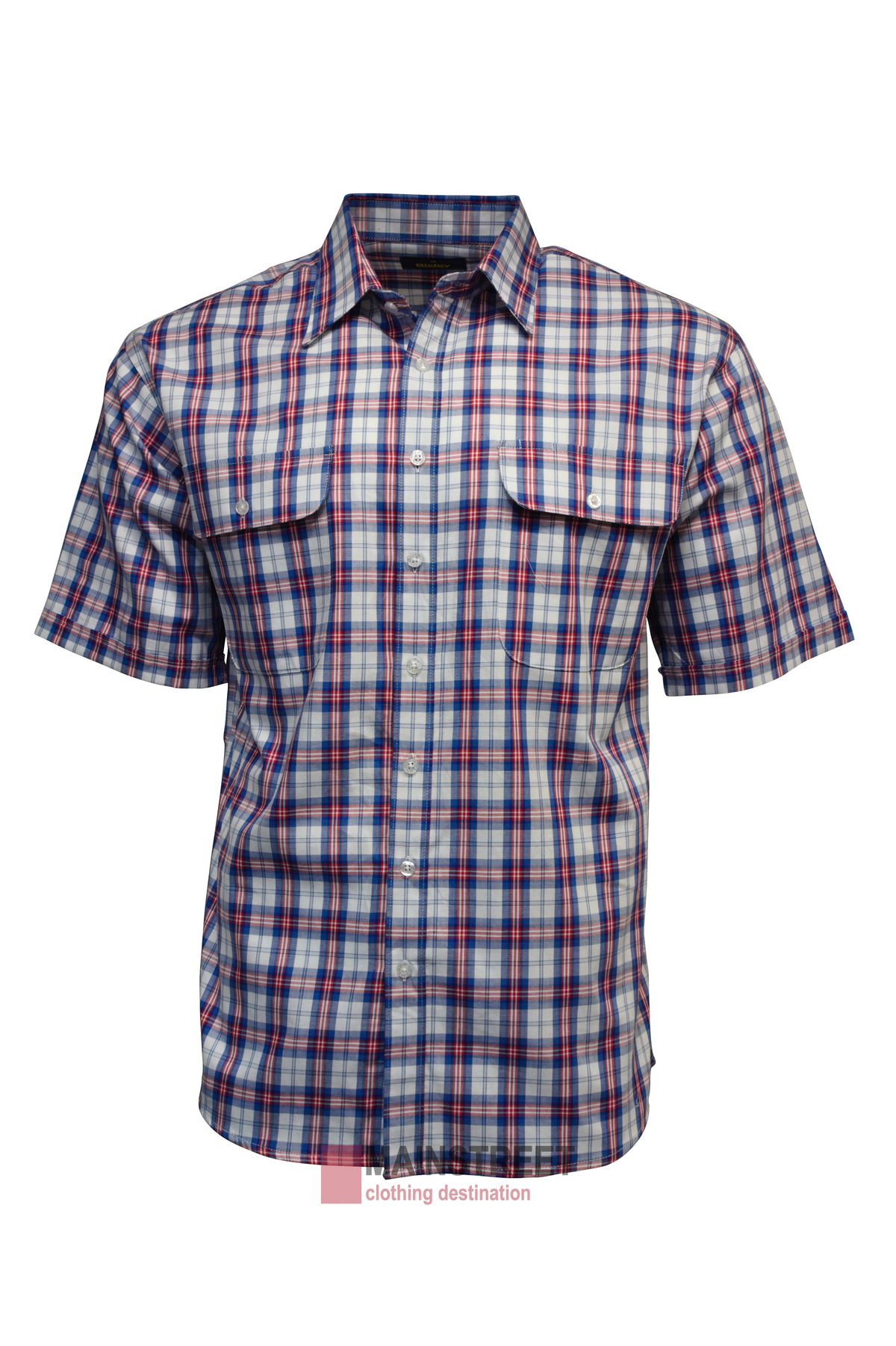 The Bisley Countryman Cotton Short Sleeve Shirt is a button-up with blue, red, and white plaid and features two large front chest pockets with button flaps.