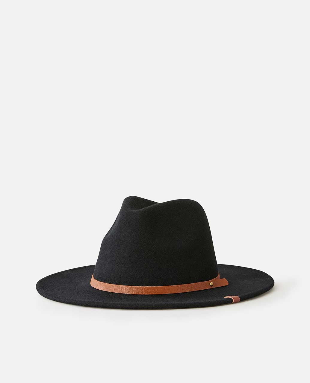 The Rip Curl Nevada Wool Panama is a black wool felt wide-brimmed fedora with a brown leather headband, displayed against a plain white background.