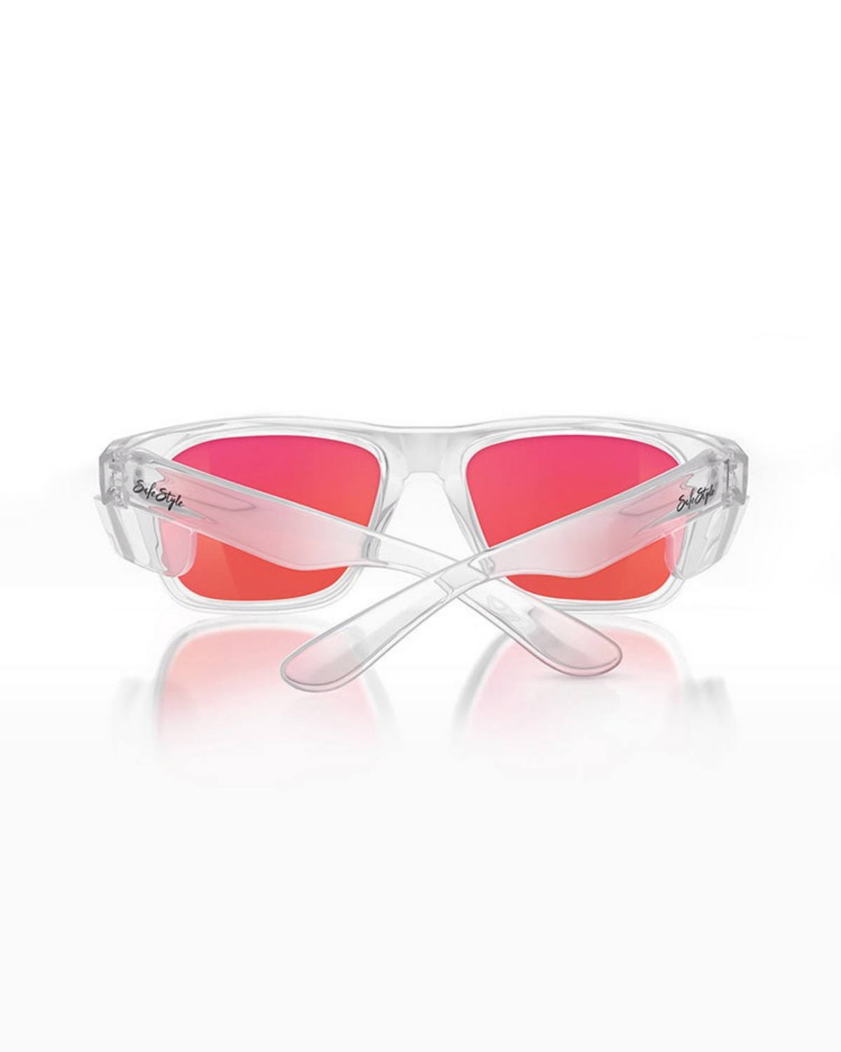 SafeStyle Fusions sunglasses feature a clear frame with red polarized mirror lenses and crossed temples, offering UV protection, showcased against a plain background.