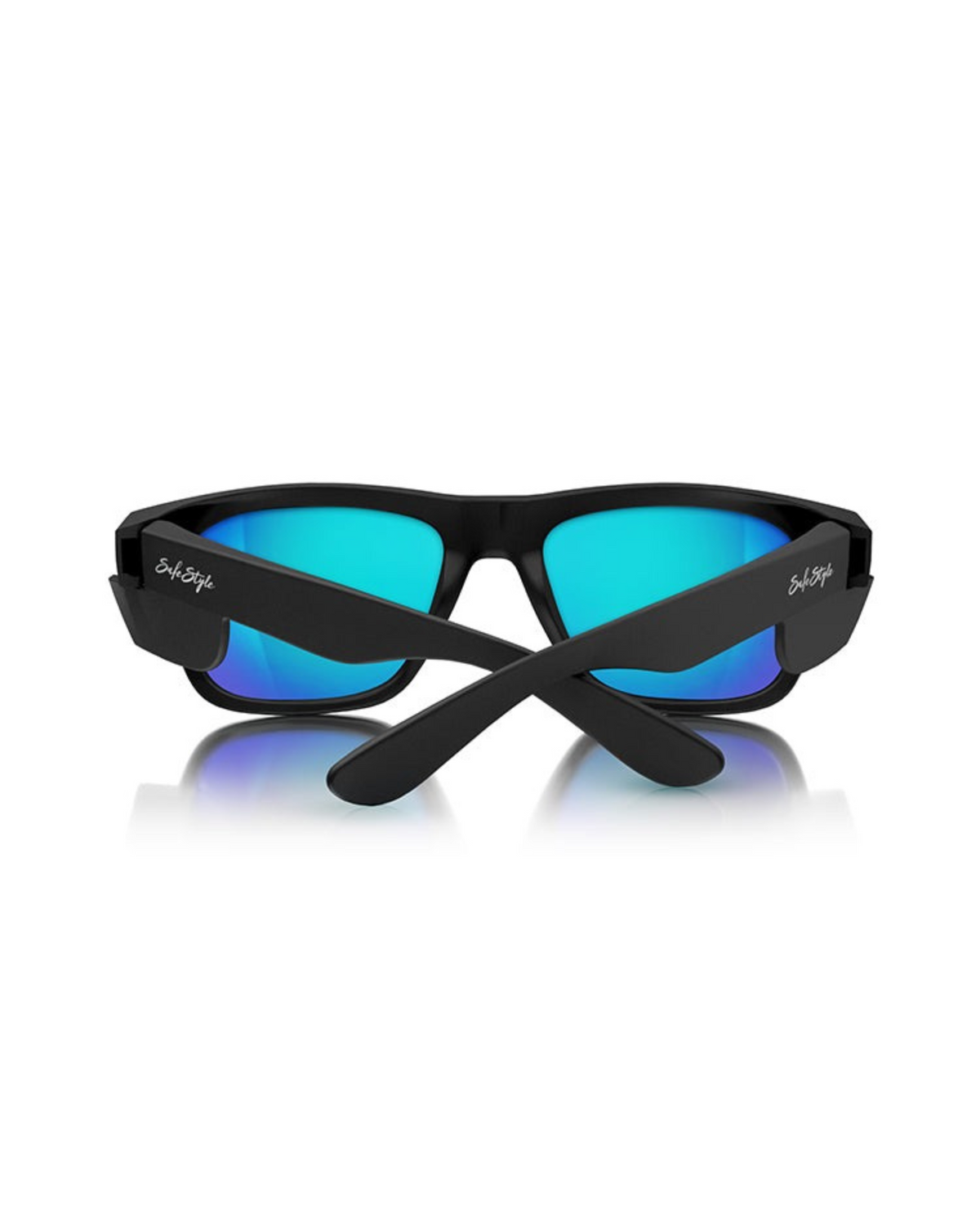 The SafeStyle Fusions Matte Black Frame Mirror Blue Polarised Lens sunglasses are shown with crossed arms on a white background, featuring a matte black frame and reflective blue polarised lenses with a faint reflection below.
