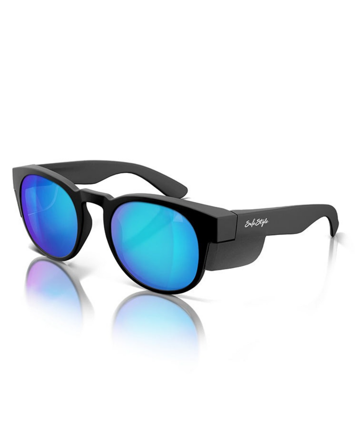 The SafeStyle Cruisers feature a matte black frame with mirror blue polarized lenses and UV400 protection, resting on a white background. A small signature logo adorns the side of the shatterproof polycarbonate frames, which cast a slight shadow, blending style with durability.