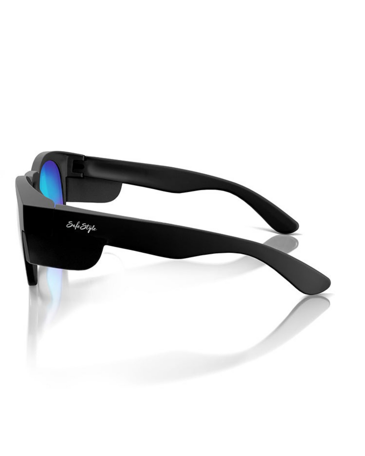 The SafeStyle Cruisers sunglasses have matte black frames and blue mirrored polarised lenses providing UV400 protection. They are displayed at an angle from the side and slightly above, featuring shatterproof polycarbonate construction for ultimate durability.