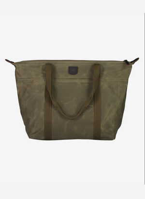 The Swanndri Queenstown Tote Bag is crafted from olive green cotton waxed canvas, featuring two short handles, a long shoulder strap, zipper closure, front logo patch, and a dedicated laptop compartment. Shown on a plain white background.
