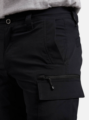 Close-up of a person wearing King Gee Trademark Cargo Short with a zipper pocket on the thigh, made from durable Stretch Ripstop fabric, and a grey shirt tucked in at the waist.