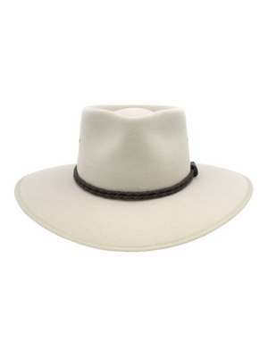 The Statesman Countryman Fur Felt Hat features a light beige color, wide brim, dark braided band around an Australian crown, and a leather sweatband, shown against a white background.