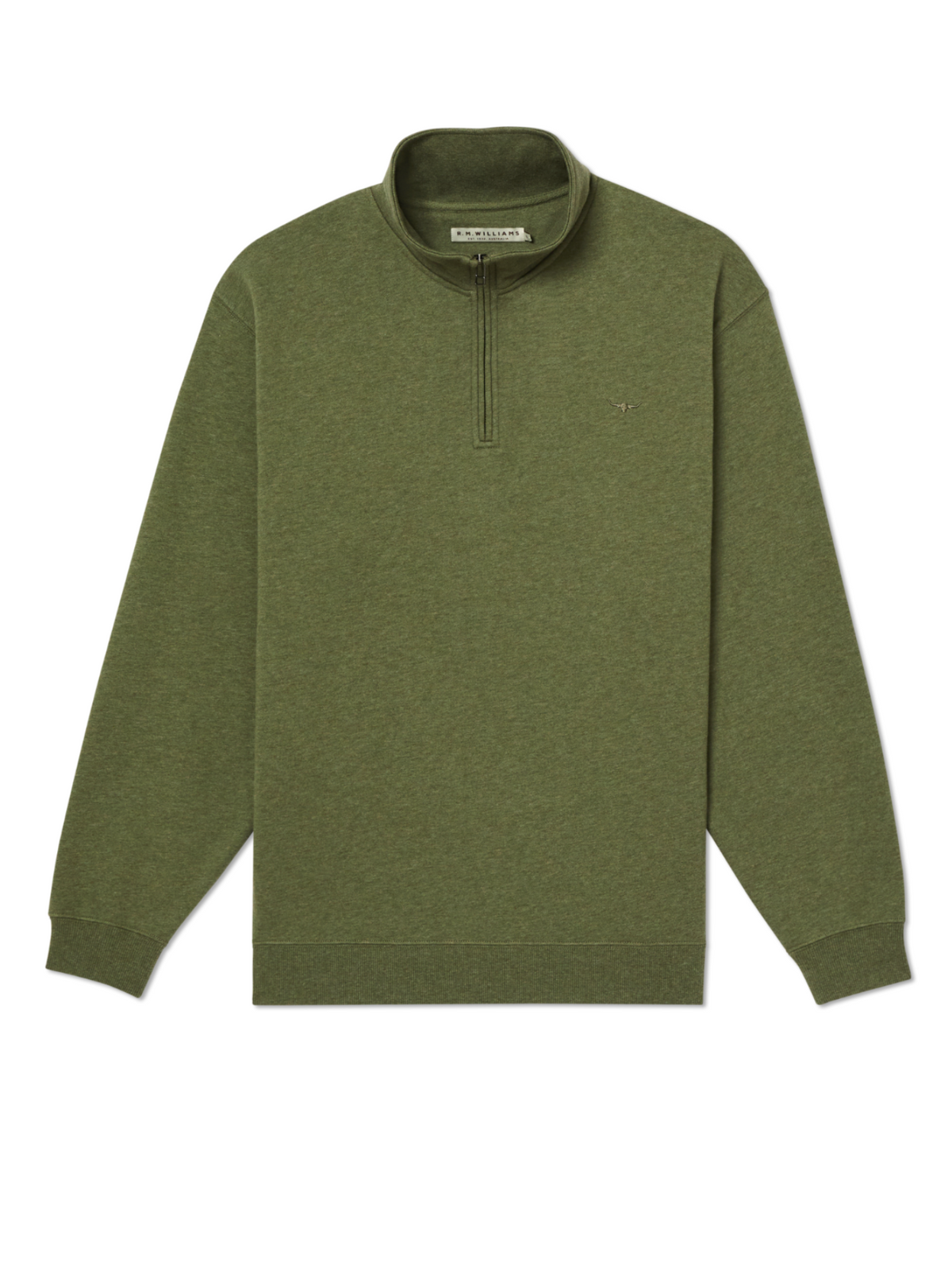 The RM Williams Mulyungarie Fleece is a green quarter-zip sweatshirt with long sleeves and a stand-up collar. Made from cotton fleece, it features a small embroidered chest logo and ribbed cuffs and hem for comfort.