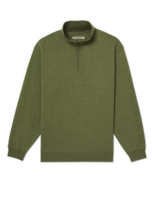 The RM Williams Mulyungarie Fleece is a green quarter-zip sweatshirt with long sleeves and a stand-up collar. Made from cotton fleece, it features a small embroidered chest logo and ribbed cuffs and hem for comfort.