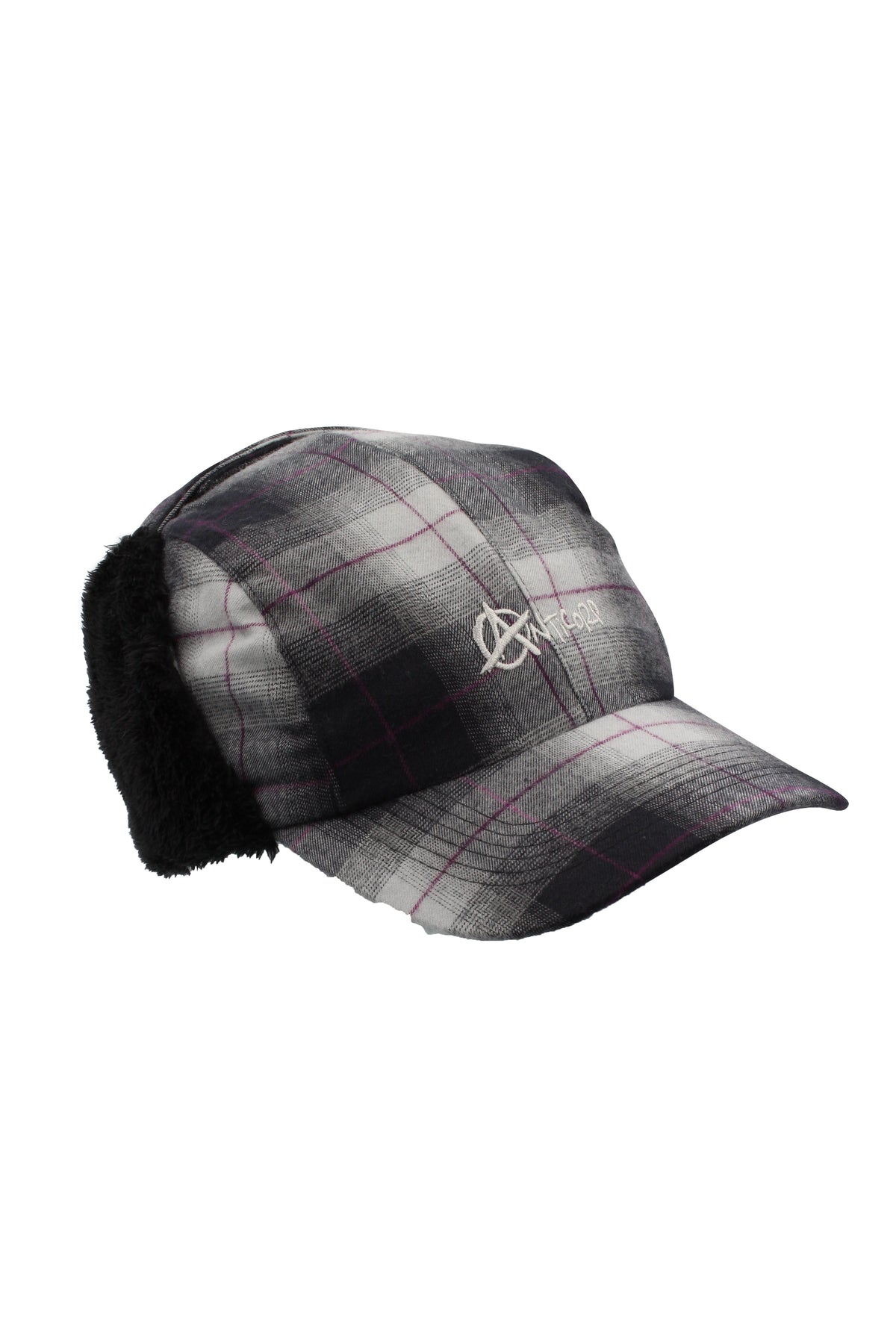 The Anticorp Elmer Tractor Hat features a black, white, and gray plaid design, cozy fleece-lined ear flaps, and an embroidered white front logo.