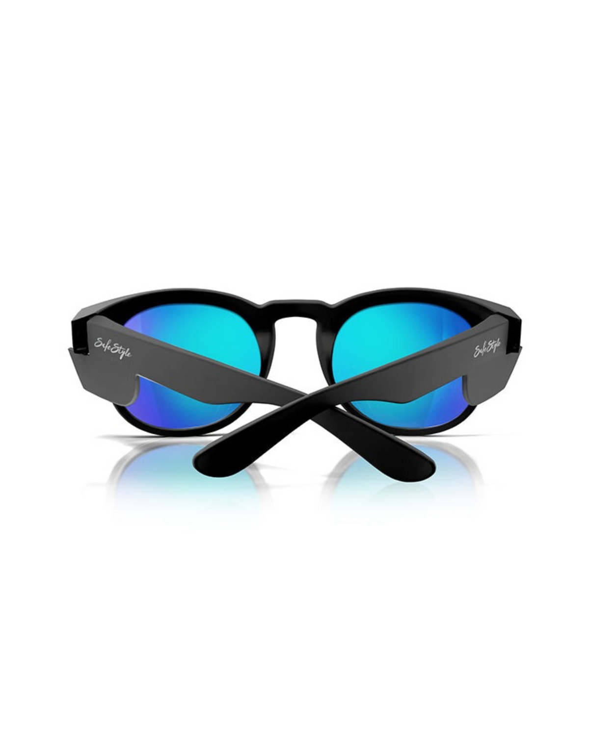 The SafeStyle Cruisers sunglasses feature a matte black frame with blue-tinted, polarised mirrored lenses. Offering UV400 protection and shatterproof polycarbonate, they create a striking contrast against the white background as their stylish design reflects light beautifully.