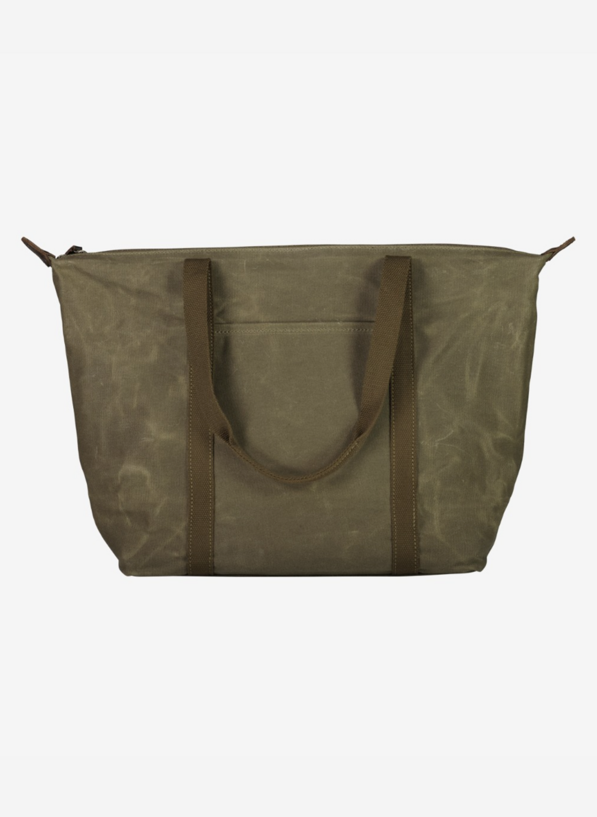The Swanndri Queenstown Tote Bag is a large olive green waxed cotton tote with two dark brown shoulder straps, a front pocket, and a roomy laptop compartment, shown against a plain white background.
