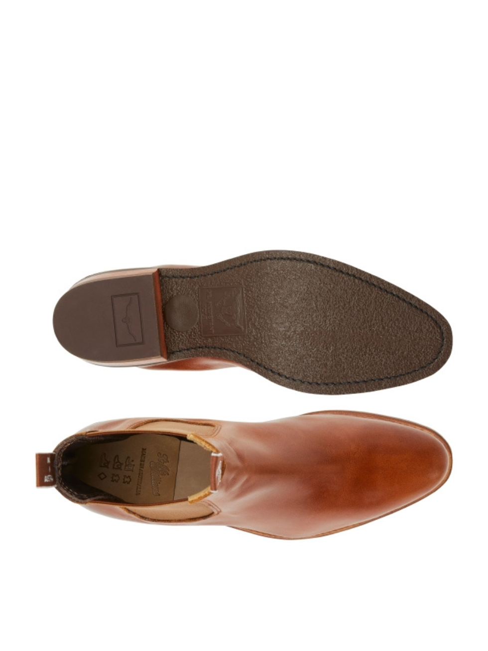 The RM Williams Lady Yearling Rubber Sole Boot, in brown leather with elastic sides, is displayed from above and below on a white background to emphasize its height-boosting heel and durable sole.