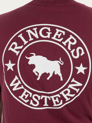 A close-up of a maroon Ringers Western Signature Bull Loose Fit T-Shirt, showcasing the white silhouette bull logo encircled by the text "Ringers Western" and flanked by two stars. Made from 100% cotton jersey for exceptional comfort.