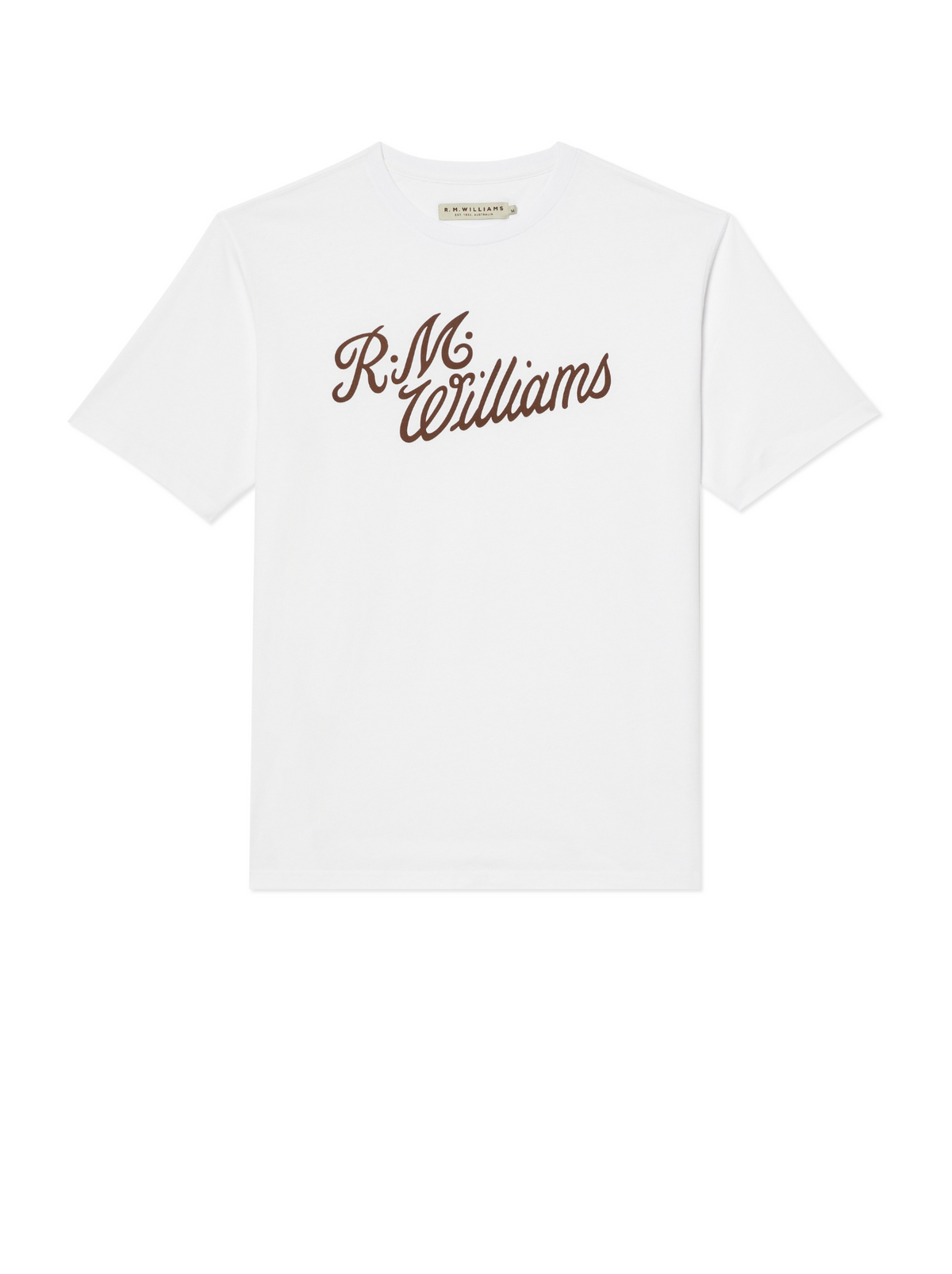 The RM Williams R.M.W Script T-Shirt is a white cotton tee with the iconic logo in dark brown cursive on the front, providing a regular fit for style and comfort.