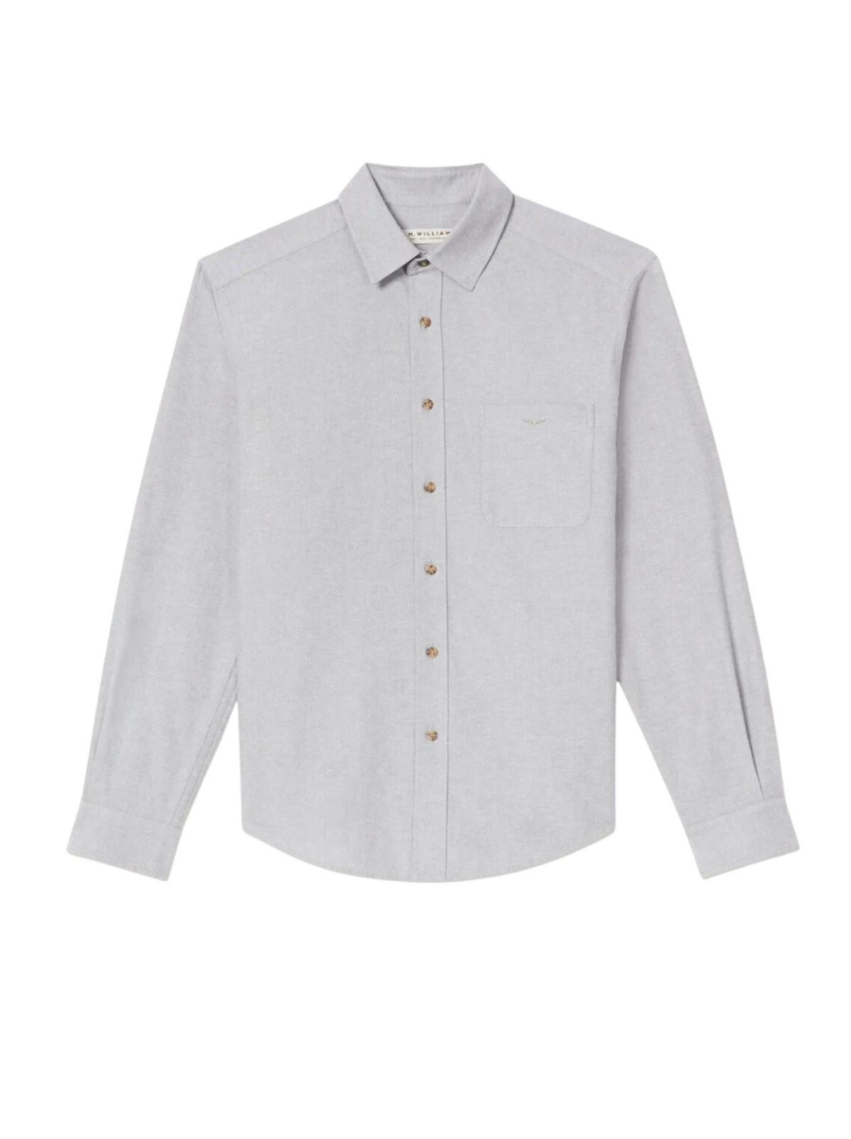 The RM Williams Collins Shirt, in light gray cotton paper poplin with a collar, left chest pocket, brown buttons, and subtle longhorn embroidery, is laid flat on a white background.