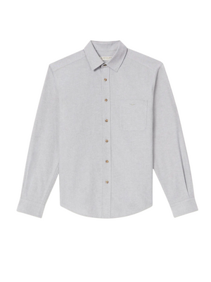 The RM Williams Collins Shirt, in light gray cotton paper poplin with a collar, left chest pocket, brown buttons, and subtle longhorn embroidery, is laid flat on a white background.