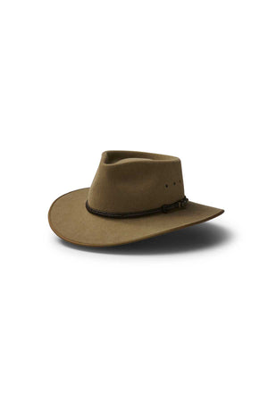 The Akubra Cattleman is a brown, wide-brimmed cowboy hat featuring a slightly creased crown and decorative band, shown on a plain white background with a shadow beneath, highlighting its rugged sophistication.