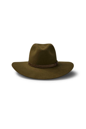 The Akubra Riverina is an olive green, wide-brimmed hat with a braided brown band, providing excellent sun protection. Displayed on a white background.