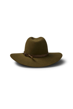 The Akubra Riverina is a wide-brimmed felt hat in olive green, featuring a braided brown leather band for excellent sun protection, shown against a white background.