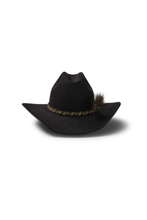 The Akubra Rough Rider is a black wide-brim hat with a Cattleman crown, braided band, and decorative feather on one side, shown against a white background.