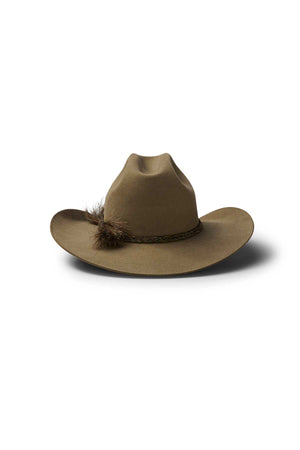 The Akubra Rough Rider is a brown wide-brimmed cowboy hat with a braided band and decorative feather, shown against a white background.