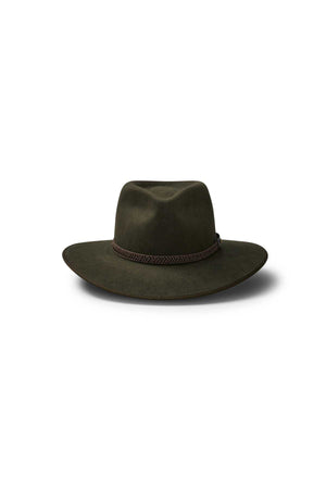 The Akubra Tablelands is a dark green, wide-brimmed felt hat with a braided crown bandβideal for style and practicality in harsh conditions. Displayed on a white background.